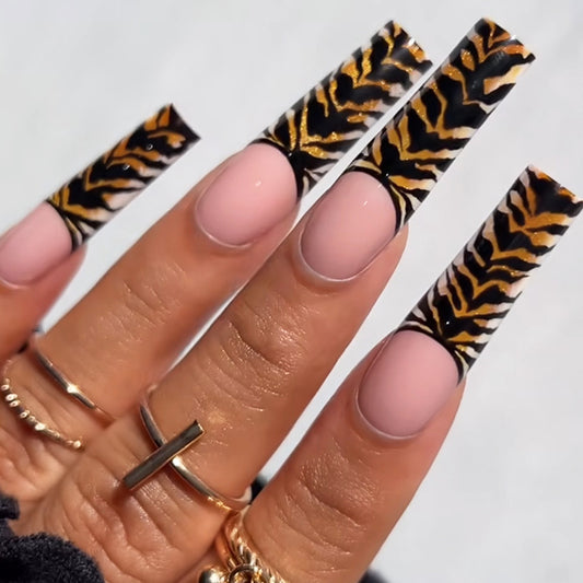Wild Safari Glamour Long Square Black and Gold Tiger Print Press On Nail Set