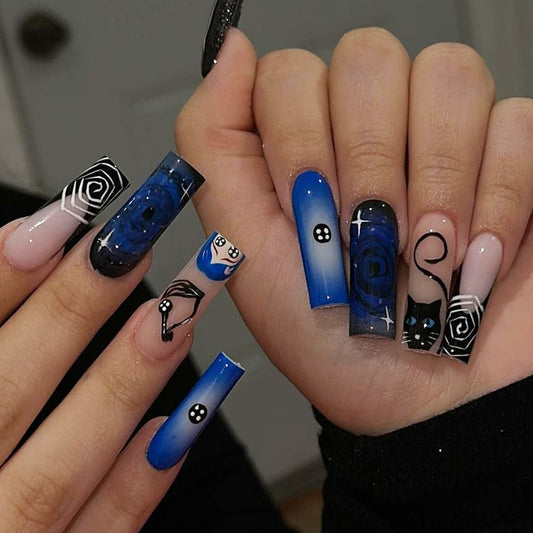 Mystical Blue Dream Long Square Press On Nail Set With Unique Artistic Design And Glossy Finish