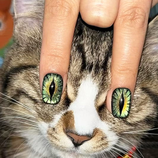 Mystical Cat Eye Inspired Short Squoval Green and Yellow Gradient Press on Nail Set with Glossy Finish