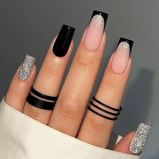 Glamorous Night Black Medium Square Press On Nails with Sparkling Glitter Accent