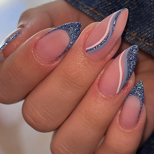 Ocean Breeze Glamour Long Almond Blue Glitter and Soft Pink Swirl Press-On Nail Set