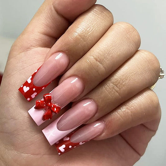 Sweet Valentine Long Square Pink with Red Heart Pattern and Charming Bow Press-On Nail Set