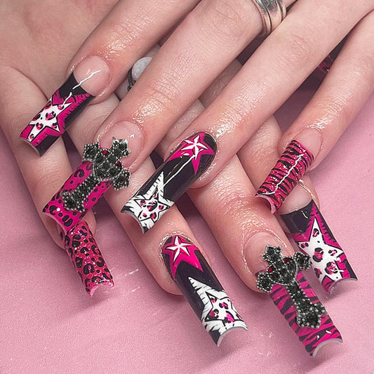 Rock Glamorous Extra Long Square Press On Nail Set in Bold Pink and Black with Unique Skull and Star Designs