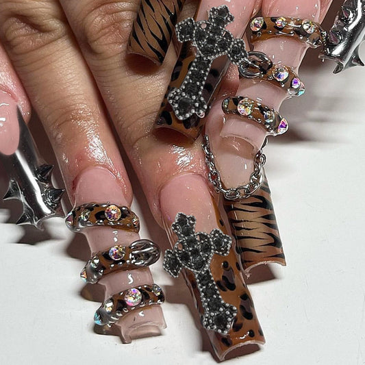 Glamorous Wild Safari Long Square Brown and Black Animal Print with Dazzling Rhinestone Accents Press on Nail Set