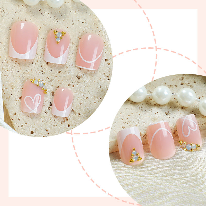Chic Romance Soft Pink Short Square Press On Nail Set with Unique Gold and Pearl Accents