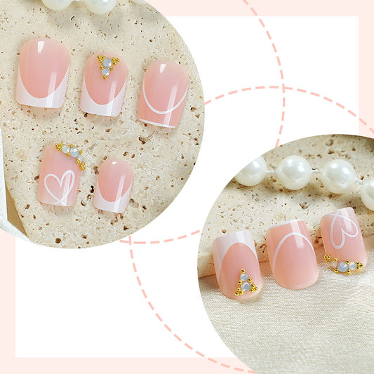 Chic Romance Soft Pink Short Square Press On Nail Set with Unique Gold and Pearl Accents