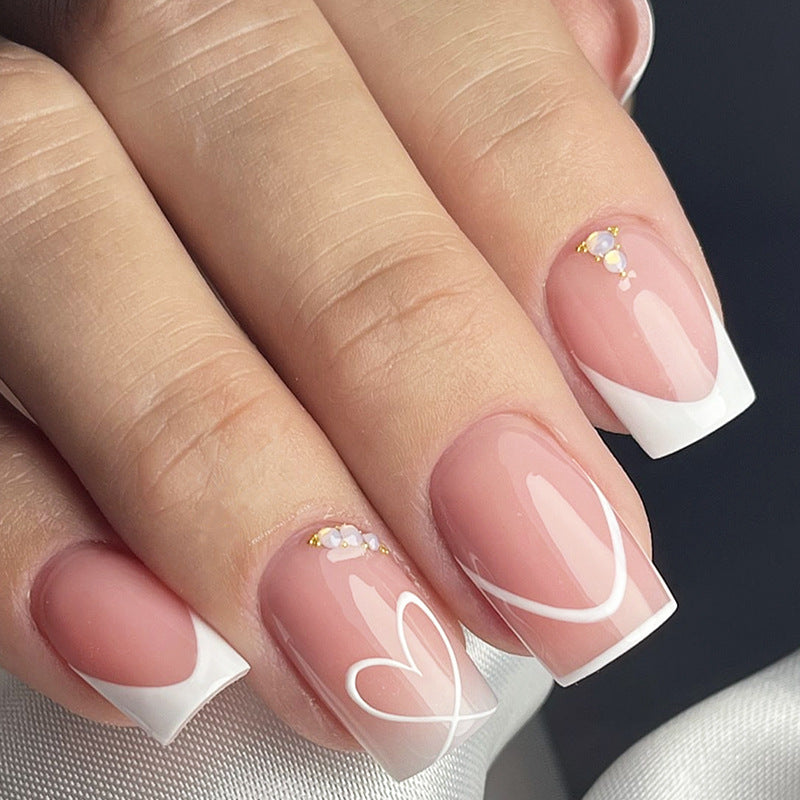 Heartfelt Elegance Short Square Blush Pink Press On Nail Set with Charming Floral Accents