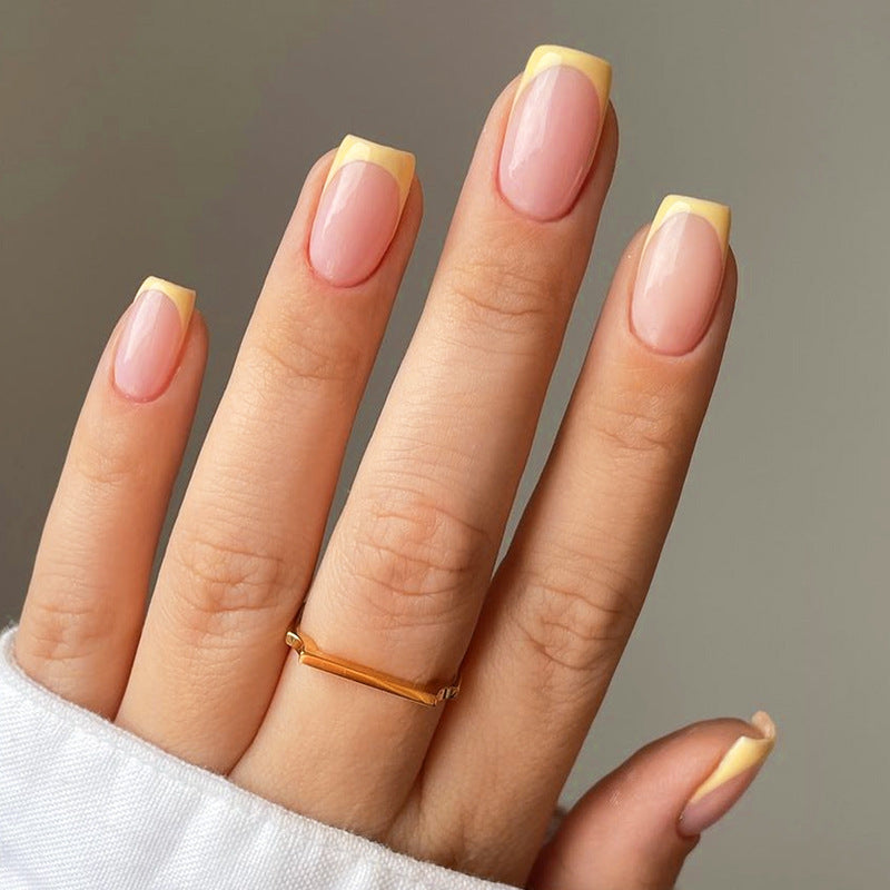 Chic Sunshine Vibes Short Square Pink Nails with Yellow Tips and Glossy Finish
