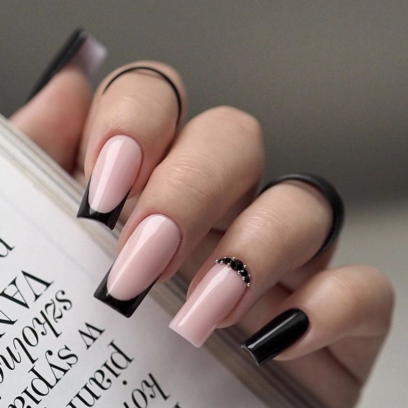 Chic Elegance Long Square Pink and Black Gradient Press On Nail Set with Rhinestone Accent