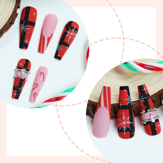 Festive Charm Long Coffin Red and Pink with Candy Cane and Snowflake Design