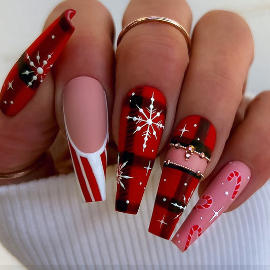 Festive Charm Long Coffin Red Press-On Nail Set with Snowflake and Candy Cane Design