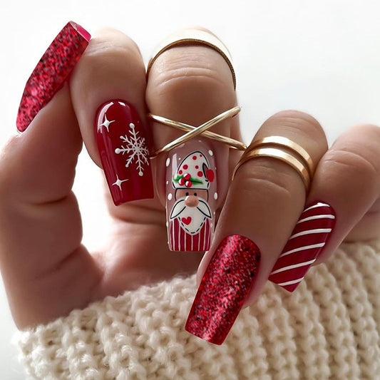 Festive Winter Wonderland Long Square Red Glittery Press on Nail Set with Charming Santa Theme