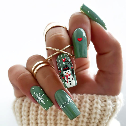 Winter Wonderland Long Square Forest Green Press On Nail Set with Festive Snowman Design and Heart Accents