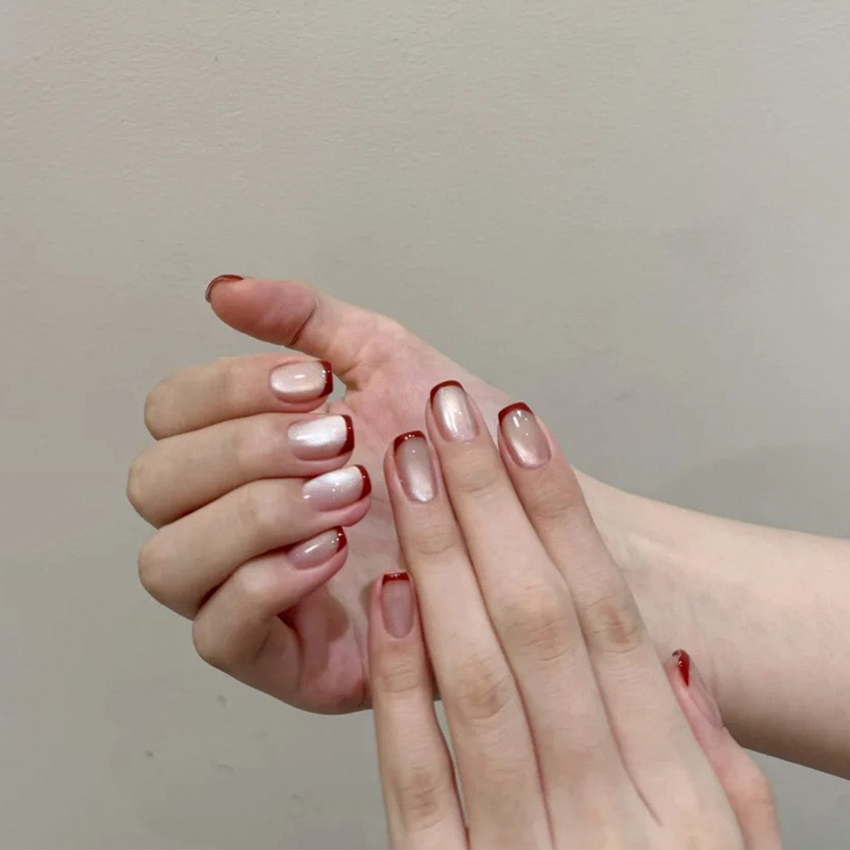 Elegant Fall Vibes Medium Square Natural Pink with Rich Red Tips Press On Nail Set
