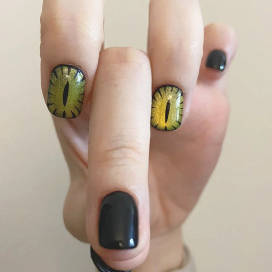 Mystical Cat Eye Short Squoval Green and Black Nails with Shimmering Textured Detail