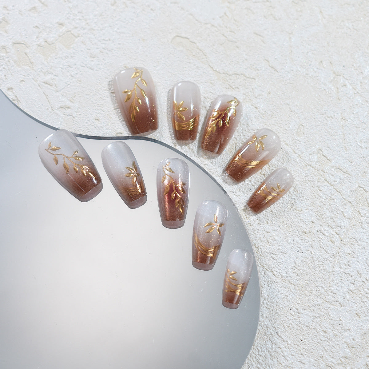 Elegant Essence Long Coffin Gradient Brown with Golden Floral Artwork Press On Nail Set