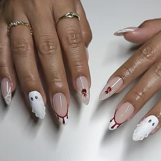 Spooky Elegant Long Almond Shaped Soft Pink Press On Nails with Unique Ghost and Blood Drip Designs