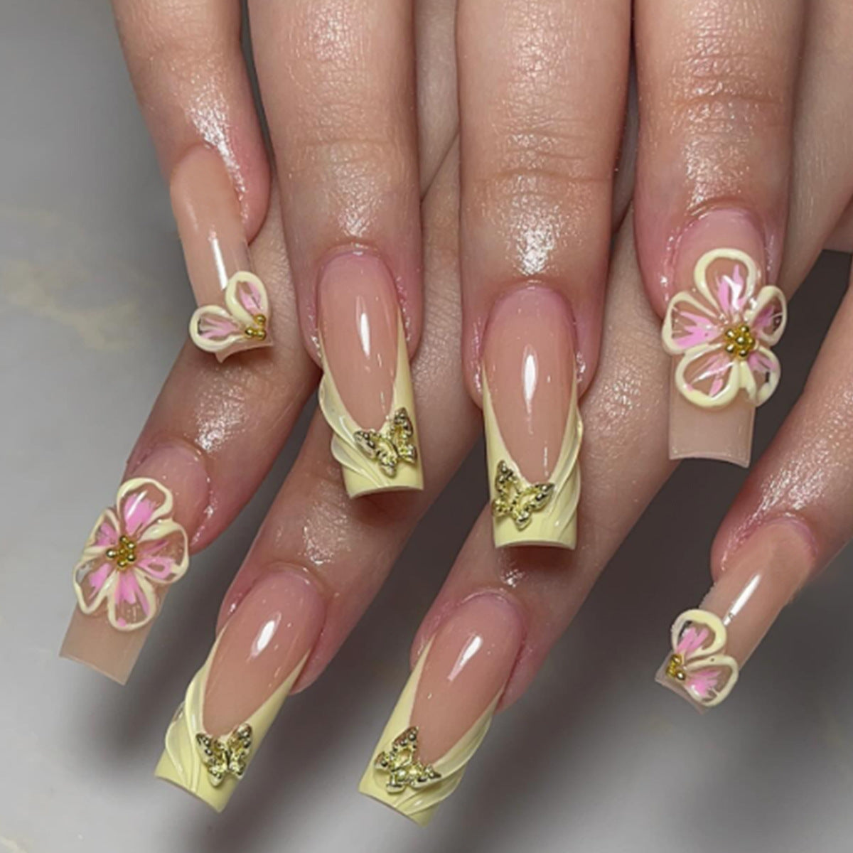 Whimsical Floral Dream Extra Long Square Yellow Press On Nail Set with Butterfly Accents and Elegant Flower Designs