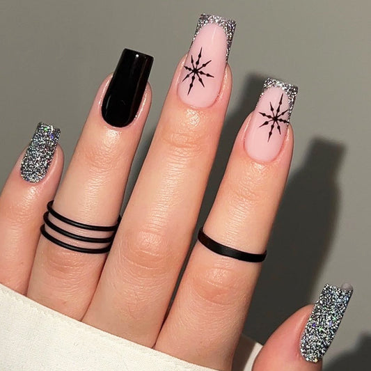 Celestial Glamour Long Square Black and Silver Glitter Press-On Nail Set with Unique Starburst Design
