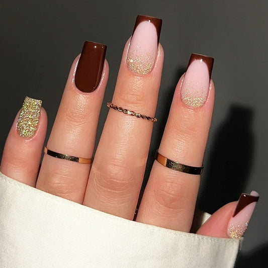 Chic Elegance Medium Square Brown and Pink Gradient Press-On Nail Set with Sparkling Glitter Accent