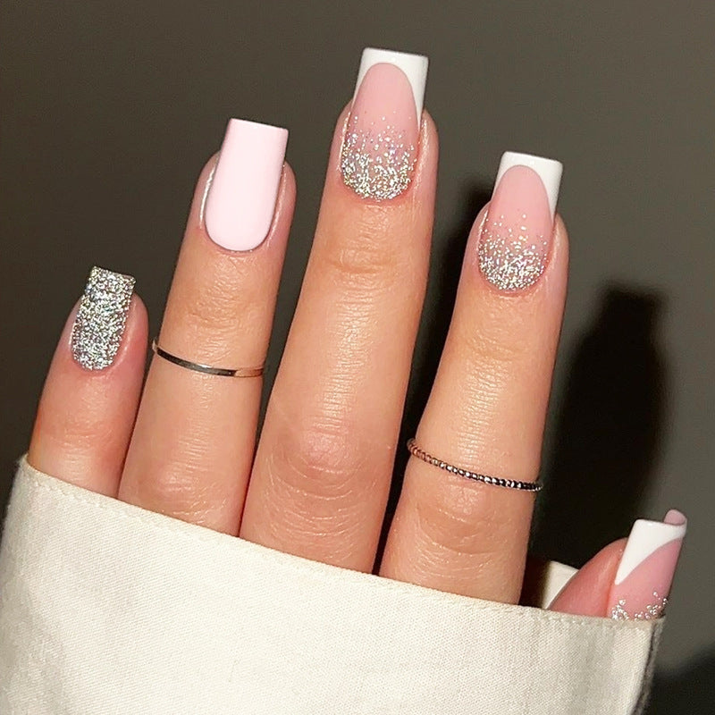Glamorous Elegance Medium Square Pink and White with Glittery Accents Nail Set