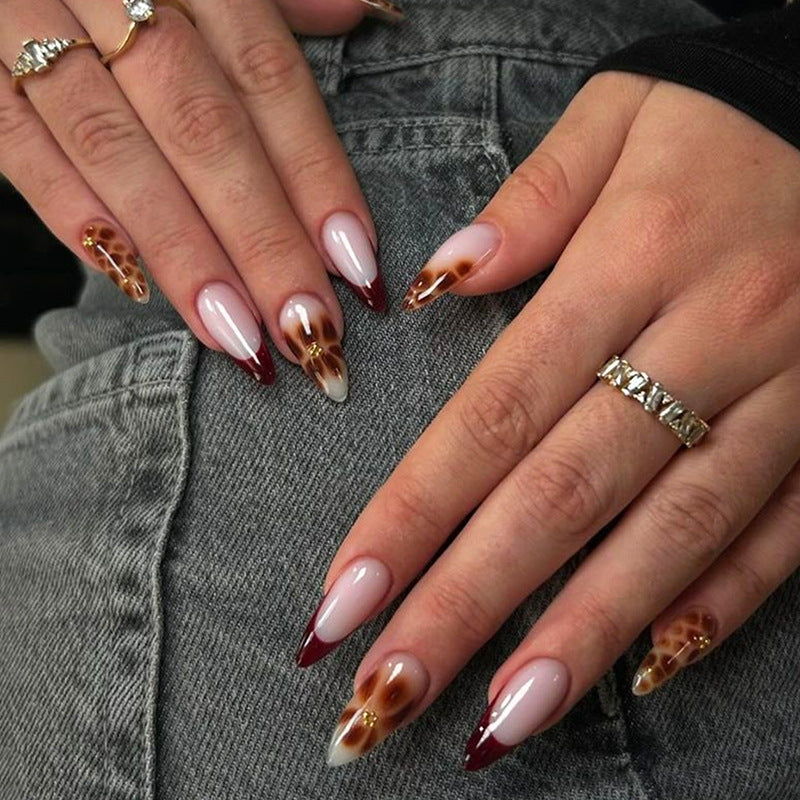 Wild Safari Inspired Elegant Medium Almond Shaped Ombre Red and Brown Press On Nail Set with Unique Animal Print Accents
