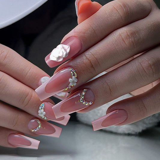 Floral Elegance Extra Medium Square Ombre Pink with Charming Floral and Gem Accents Press on Nail Set