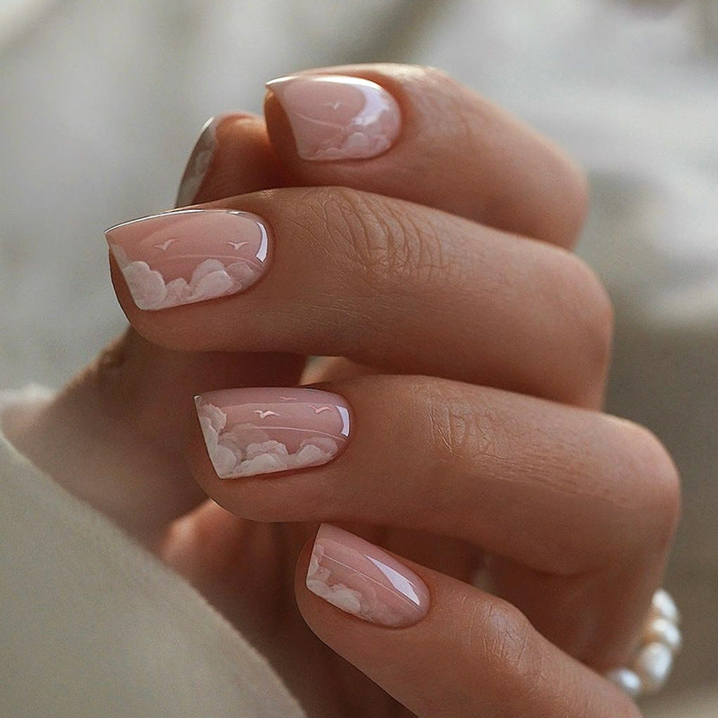 Dreamy Cloudscape Short Square Pink Press On Nail Set with Elegant White Accents