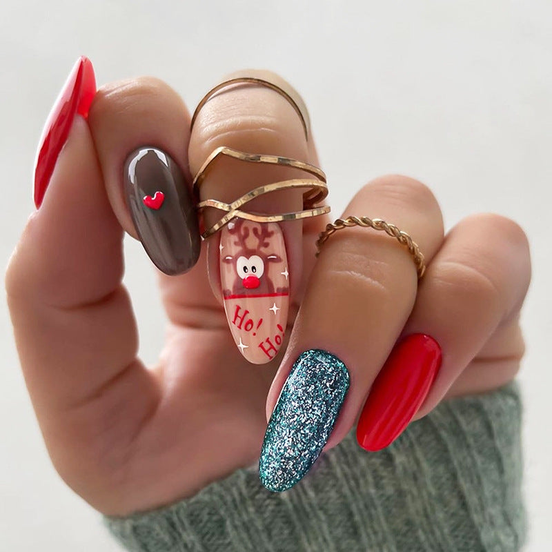 Festive Charm Medium Almond Red Glittery Rudolph Press on Nail Set