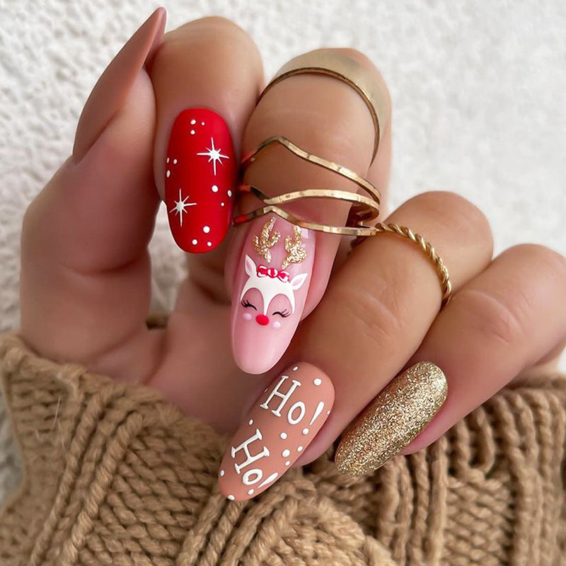 Festive Charm Medium Oval Red and Pink with Sparkling Holiday Designs Press-On Nail Set