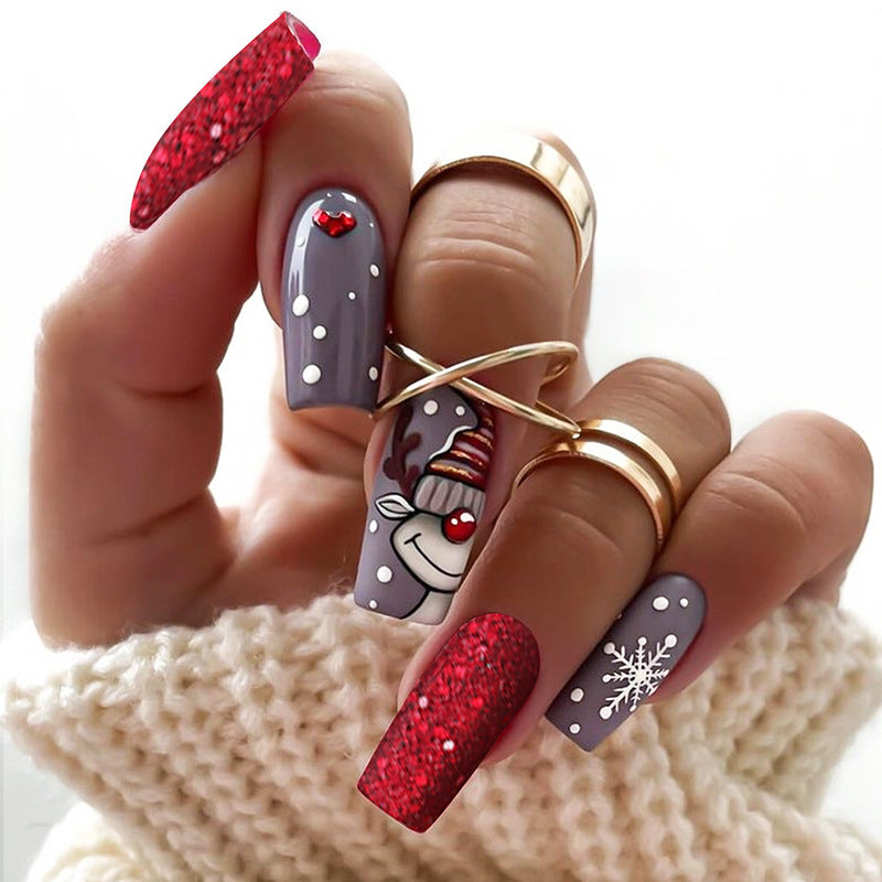 Festive Winter Wonderland Long Square Gray and Red Glitter Press-On Nail Set with Adorable Reindeer Design