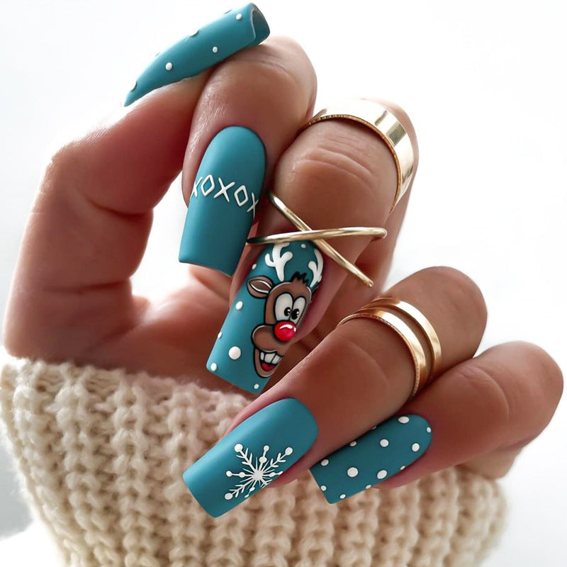 Festive Cheer Long Square Aqua Nails with Reindeer Design and Snowflake Accents