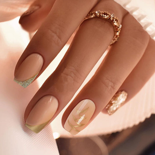 Glamorous Garden Lengthy Short Square Shaped Elegant Beige and Gold Press on Nail Set with Unique Leaf Design