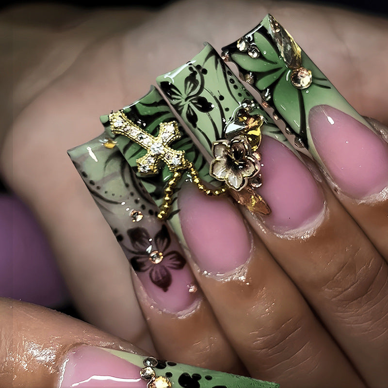 Enchanting Elegance Long Square Green and Pink Floral Press-On Nail Set with Glamorous Jewel Accent