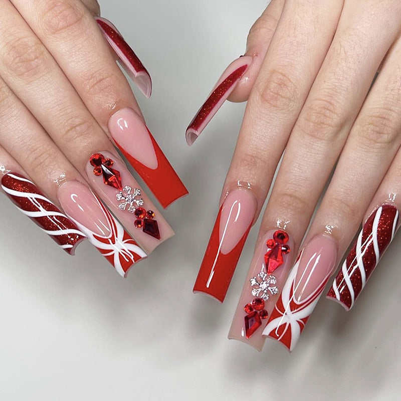 Festive Elegance Long Square Red Press On Nail Set with Glitter and Gemstone Accents