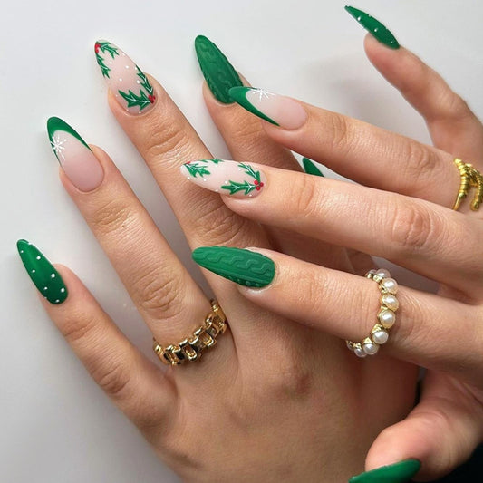 Festive Enchantment Long Almond Green Matte Nail Set with Intricate Holiday Designs