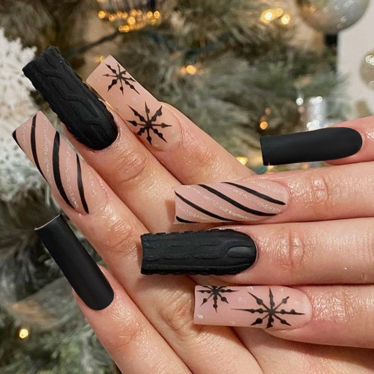 Winter Wonderland Long Square Black and Beige Textured Nail Set with Elegant Snowflake Design