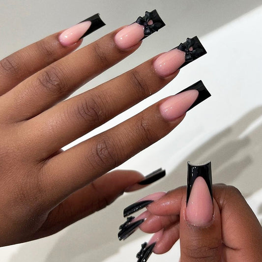 Spooky Elegance Long Square Black and Pink Press on Nail Set with Bow Accents