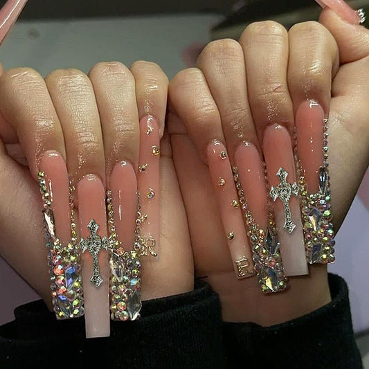 Glamorous Crystal Enchantment Long Square Pink Nails with Stunning Rhinestone Embellishments