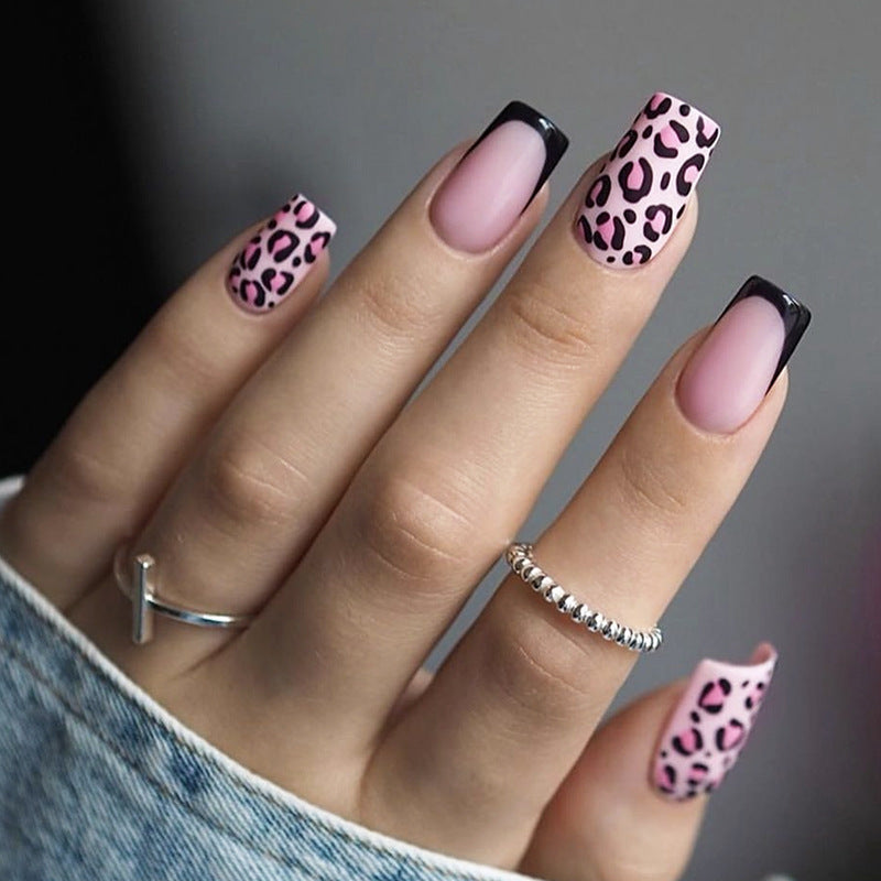Wild Safari Chic Medium Square Pink Leopard Print and Glossy Black Tip Press-On Nail Set