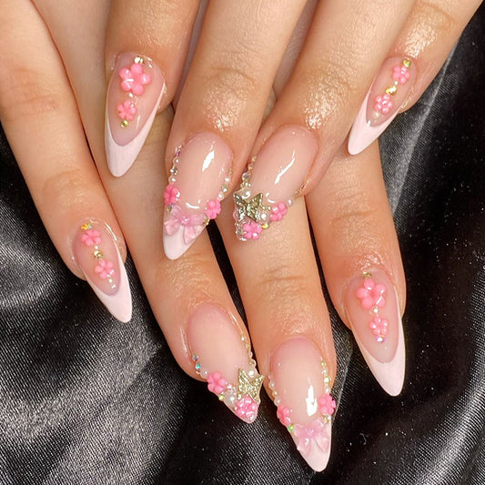 Blossom Dream Elegant Medium Almond Pink Floral Press On Nail Set with Stunning Gem Embellishments