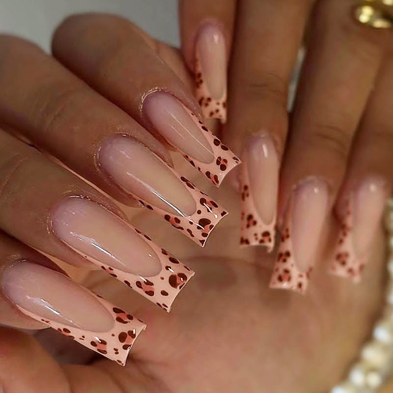 Wild Rose Elegance Long Square Blush Pink Press-On Nails with Chic Animal Print Tips