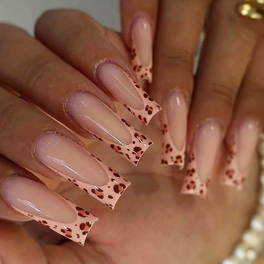 Wild Rose Elegance Long Square Blush Pink Press-On Nails with Chic Animal Print Tips