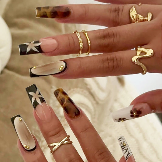 Glamorous Autumn Vibes Long Square Brown and Black Press On Nail Set with Floral Accents and Gold Studs