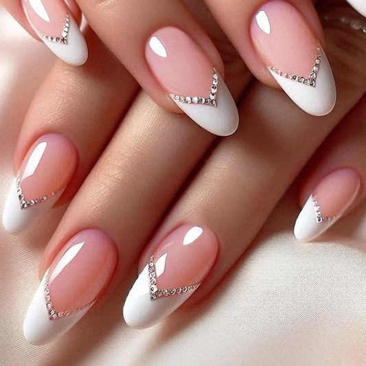 Chic Elegance Long Oval Pink and White Press On Nail Set with Dazzling Rhinestone Accents
