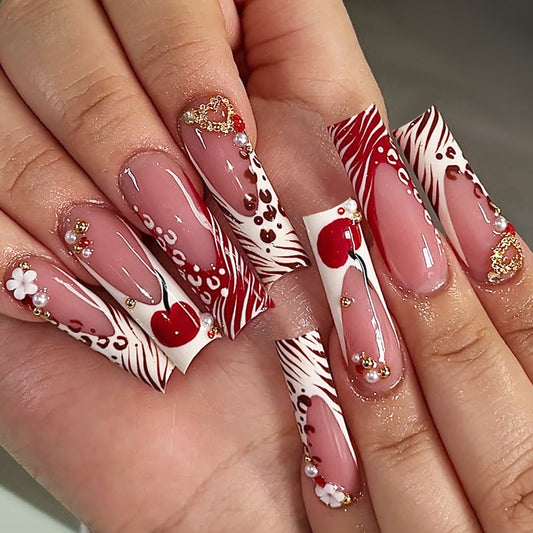 Cheerful Cherry Blossom Long Square Pink and White Nail Set with Glamorous Embellishments