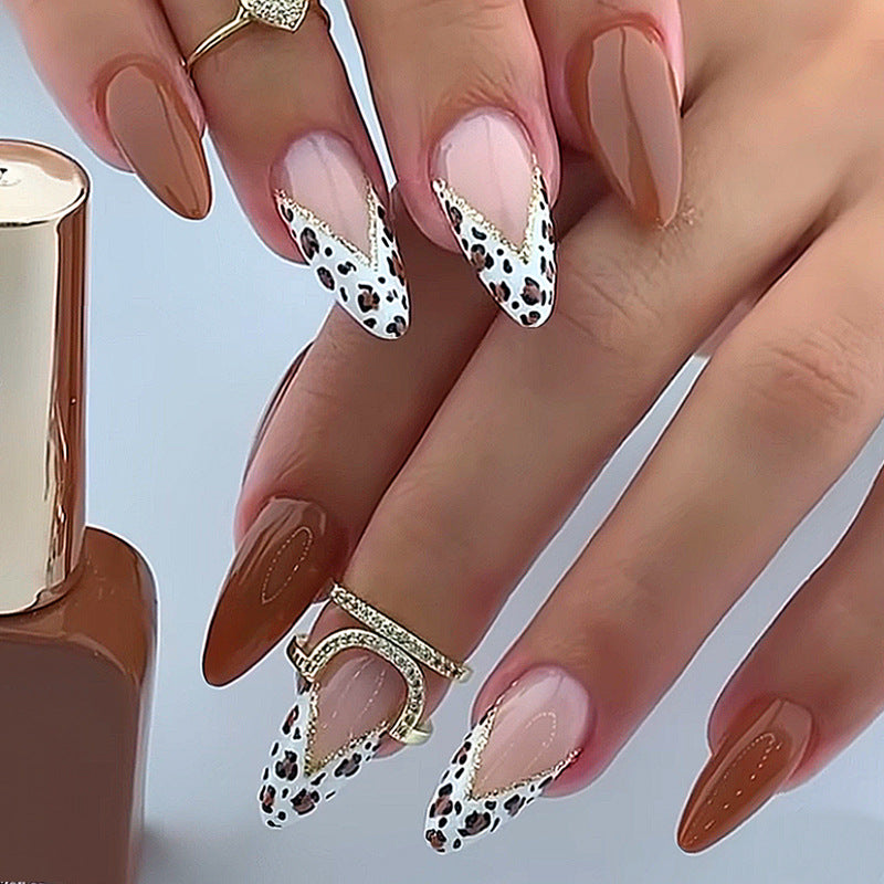 Elegant Safari Medium Almond Shape Brown and White Animal Print Press-On Nail Set with Gold Accents