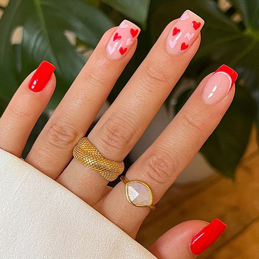 Romantic Elegance Medium Square Red and Pink Hearts Press On Nail Set with Glossy Finish