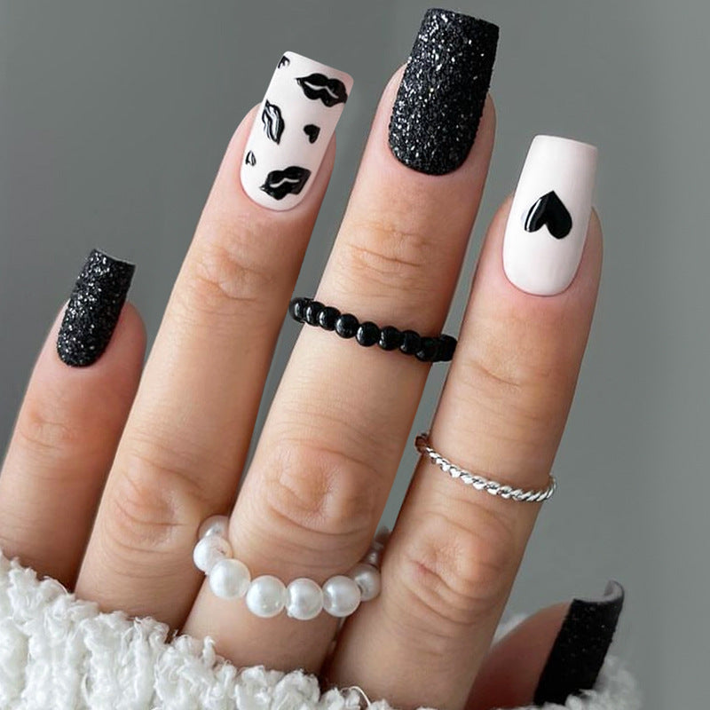 Chic Noir Medium Square Black and White Heart and Kiss Print Press On Nail Set