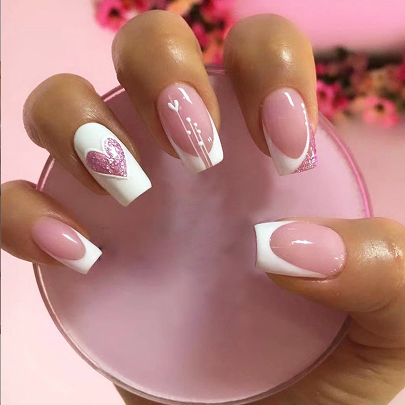 Dreamy Blush Medium Square Press On Nail Set in Elegant Pink with Dazzling Heart Design